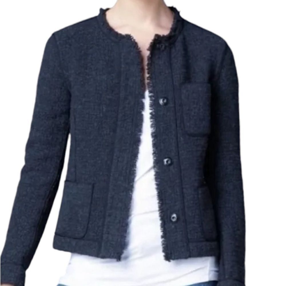 Vince Navy Frayed Hem Wool Blend Boucle Blazer